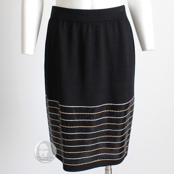 St John Evening Suit Jacket Skirt 2pc Set Embellished Knit Black Gold White Sz 6 - Picture 7 of 11